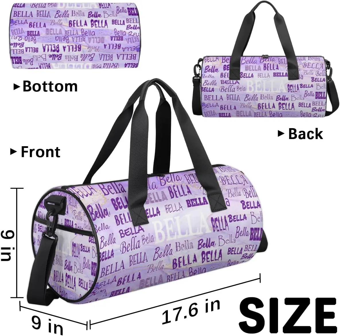 Personalized Gymnastics Bag Names for Girls Teens, Custom Name Sport Fitness Duffle Gym Barrel Training Bag Travel Weekender Lightweight Bags, Light Purple Marble Texture