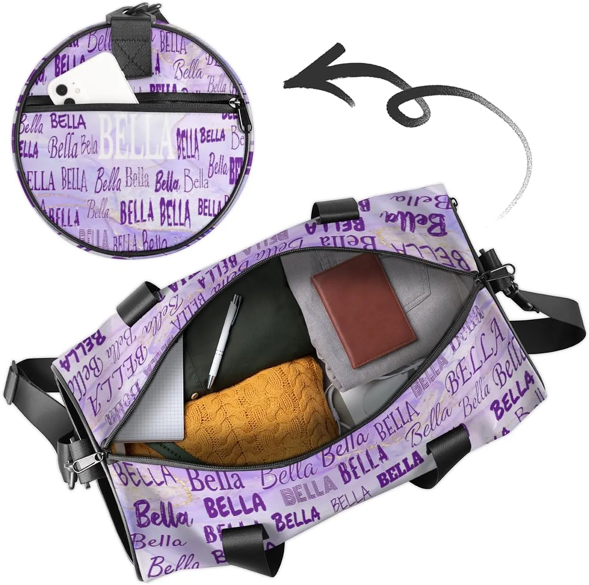 Personalized Gymnastics Bag Names for Girls Teens, Custom Name Sport Fitness Duffle Gym Barrel Training Bag Travel Weekender Lightweight Bags, Light Purple Marble Texture