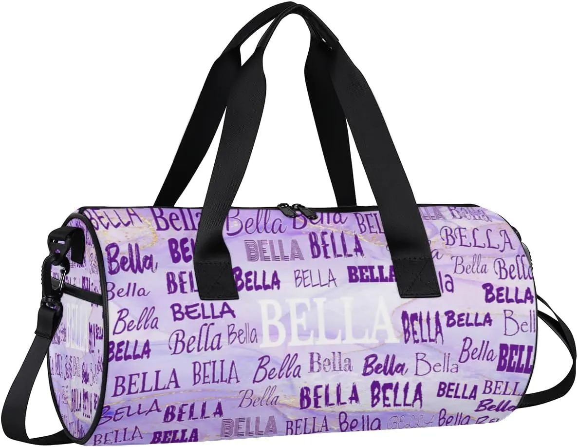 Personalized Gymnastics Bag Names for Girls Teens, Custom Name Sport Fitness Duffle Gym Barrel Training Bag Travel Weekender Lightweight Bags, Light Purple Marble Texture