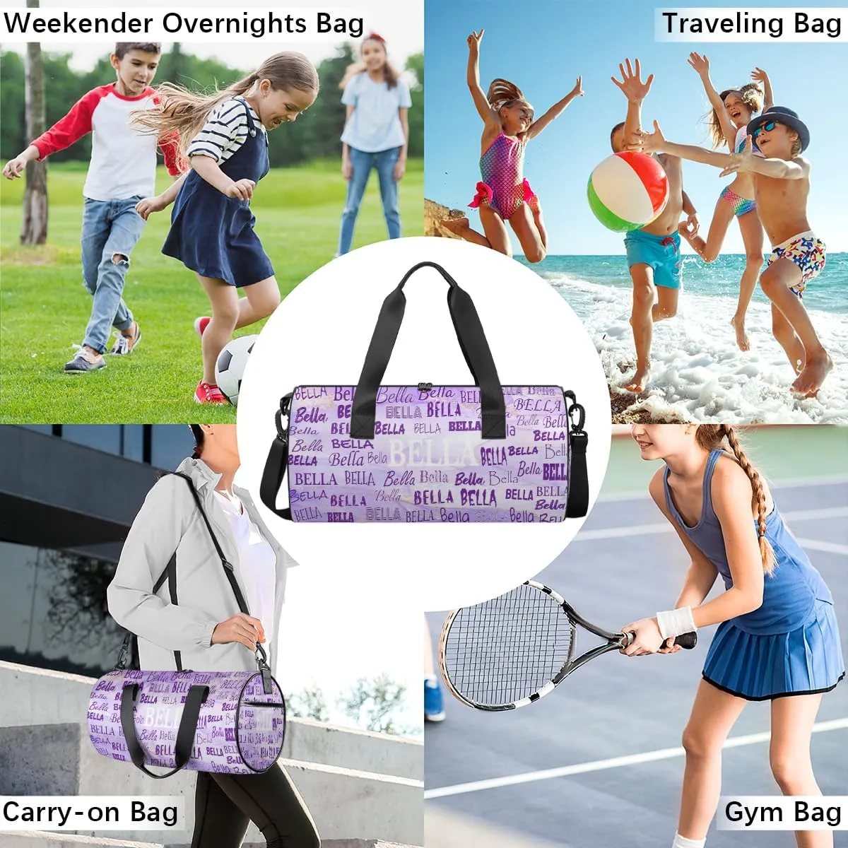 Personalized Gymnastics Bag Names for Girls Teens, Custom Name Sport Fitness Duffle Gym Barrel Training Bag Travel Weekender Lightweight Bags, Light Purple Marble Texture