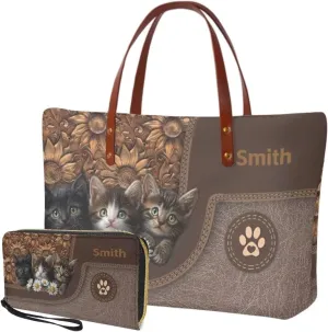 Personalized Handbag with Leather Wallet Set for Women, Custom Name Purse Set Large Top Handle Purse with Wallet