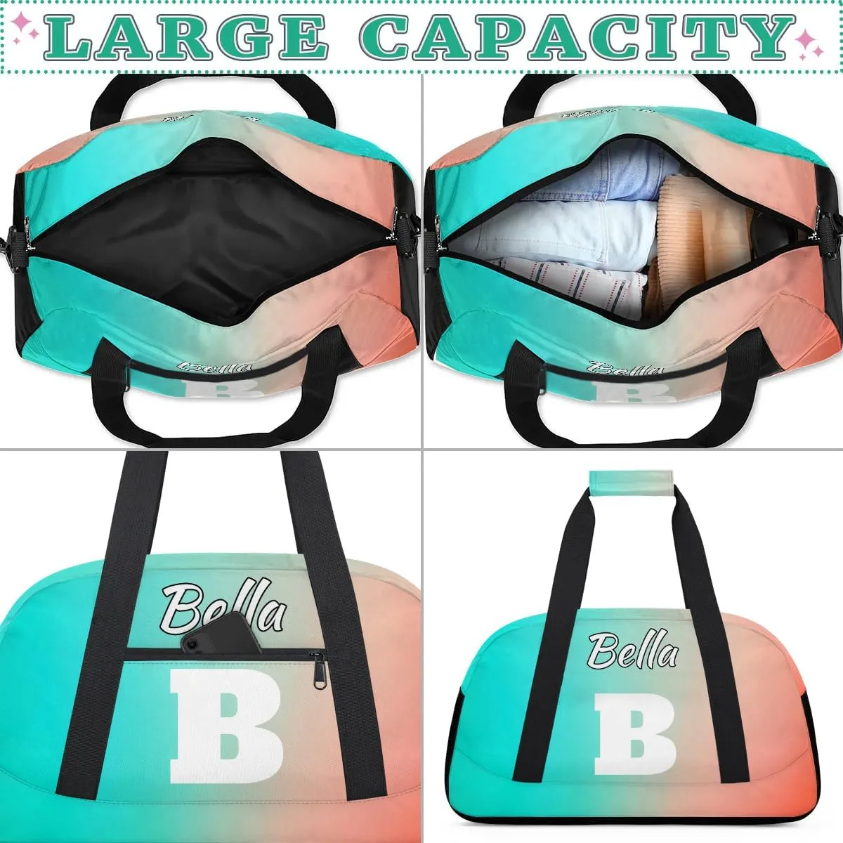 Personalized Initial Gym Duffel Bag, Monogrammed Gifts Sports Duffel Bag Weekender Overnight Bag for Women Men, Blue Pink