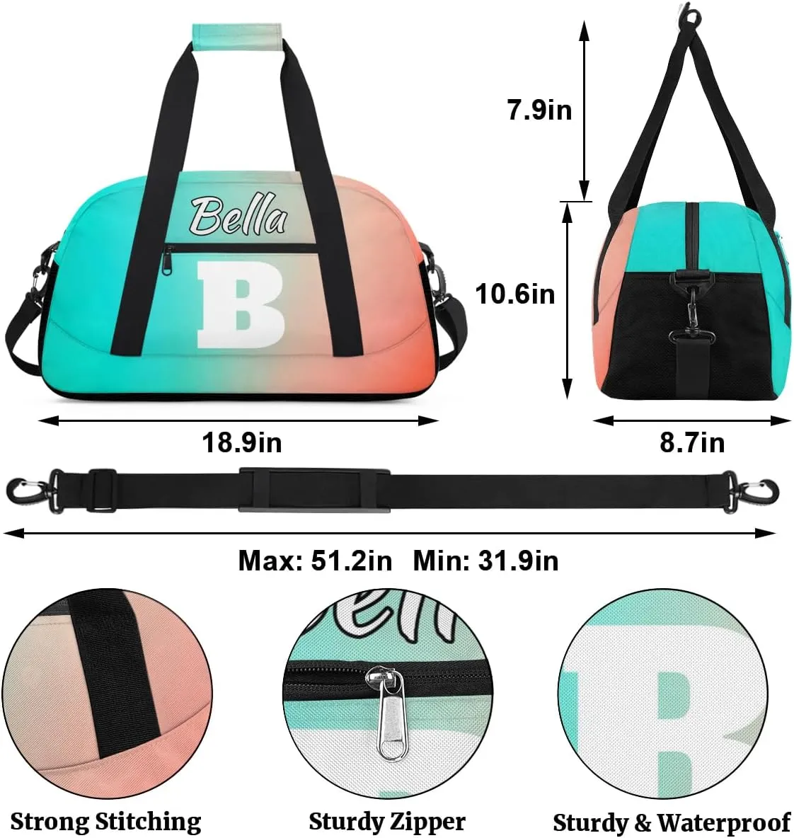 Personalized Initial Gym Duffel Bag, Monogrammed Gifts Sports Duffel Bag Weekender Overnight Bag for Women Men, Blue Pink