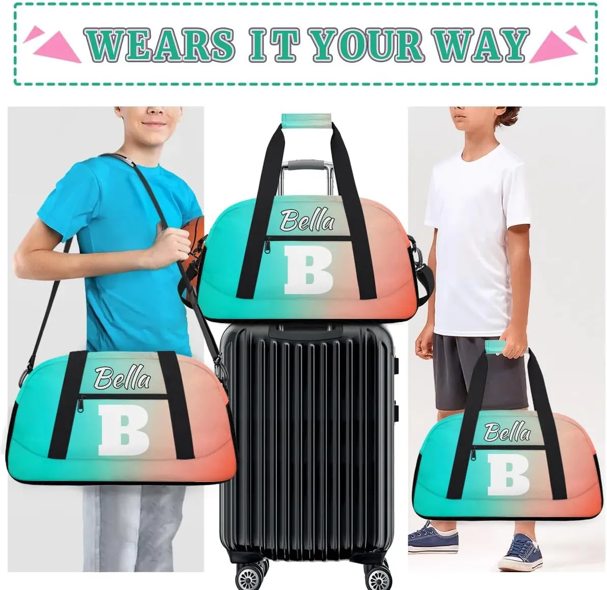 Personalized Initial Gym Duffel Bag, Monogrammed Gifts Sports Duffel Bag Weekender Overnight Bag for Women Men, Blue Pink