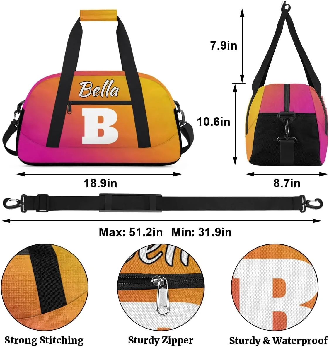 Personalized Initial Gym Duffel Bag, Monogrammed Gifts Sports Duffel Bag Weekender Overnight Bag for Women Men, Red Yellow