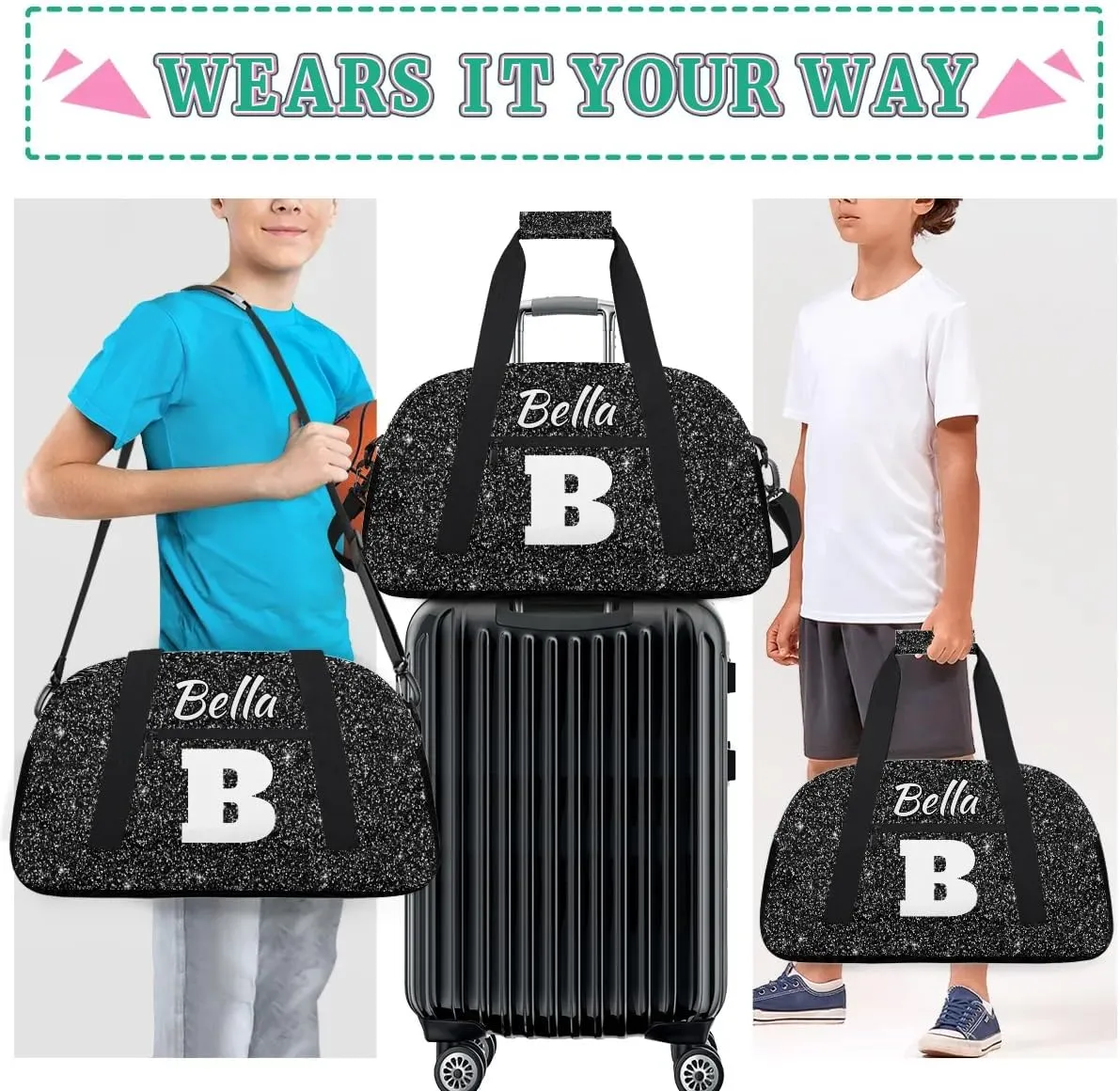 Personalized Initial Travel Duffel Bag for Women Men, Custom Name Workout Sports Tote Gym Bag Weekender Overnight Carry On Bag, Black Glitter