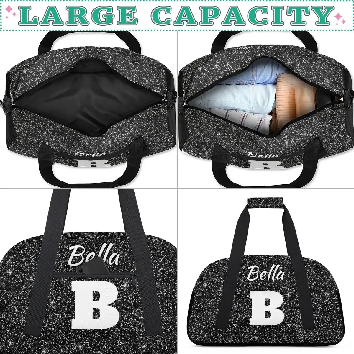 Personalized Initial Travel Duffel Bag for Women Men, Custom Name Workout Sports Tote Gym Bag Weekender Overnight Carry On Bag, Black Glitter