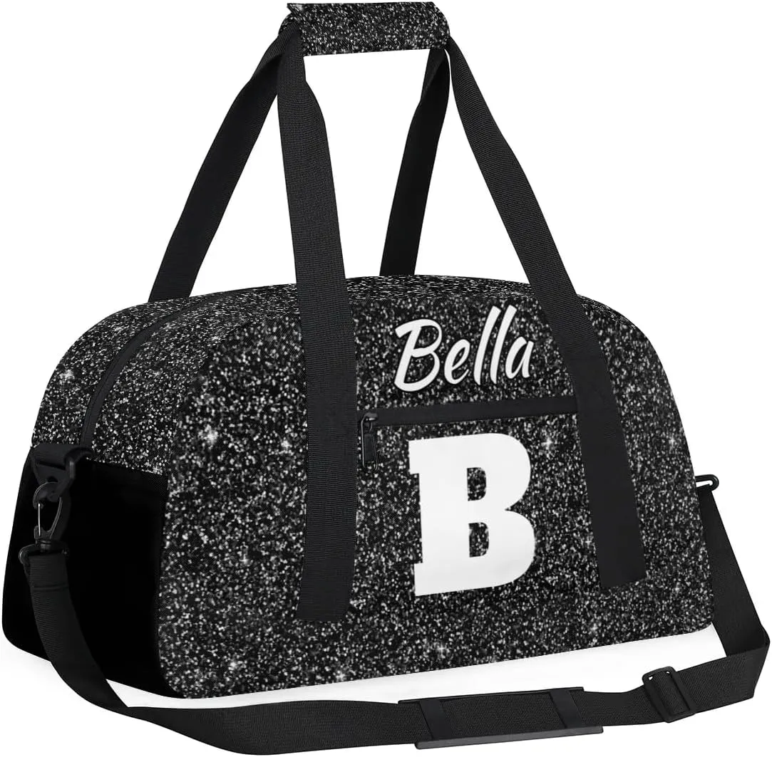 Personalized Initial Travel Duffel Bag for Women Men, Custom Name Workout Sports Tote Gym Bag Weekender Overnight Carry On Bag, Black Glitter