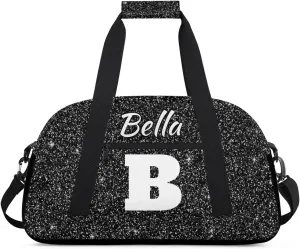Personalized Initial Travel Duffel Bag for Women Men, Custom Name Workout Sports Tote Gym Bag Weekender Overnight Carry On Bag, Black Glitter