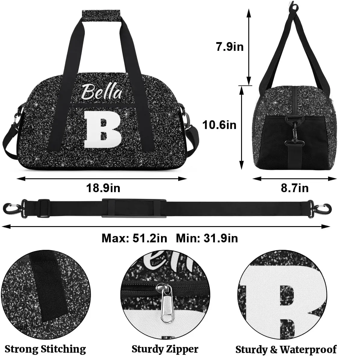 Personalized Initial Travel Duffel Bag for Women Men, Custom Name Workout Sports Tote Gym Bag Weekender Overnight Carry On Bag, Black Glitter