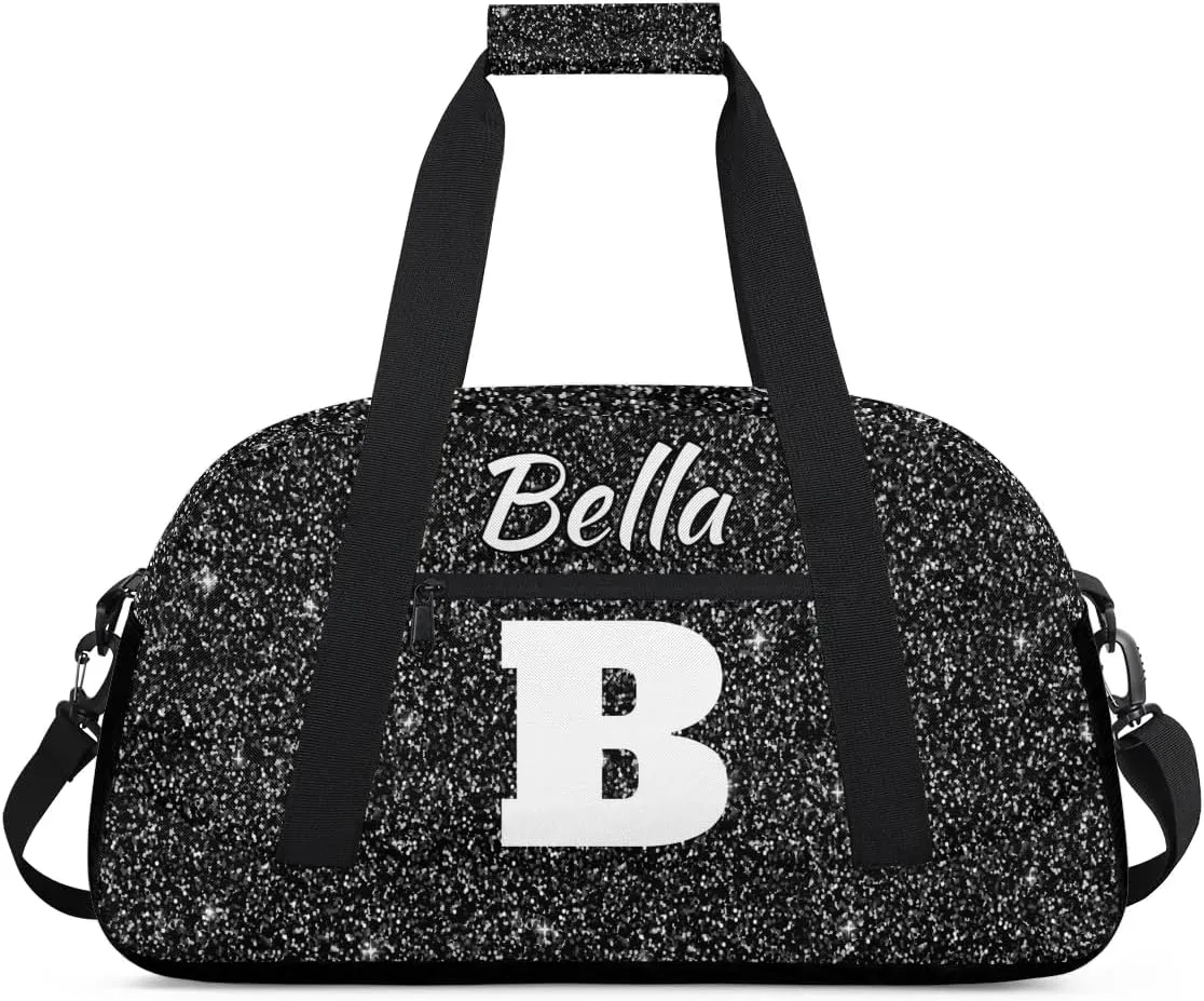 Personalized Initial Travel Duffel Bag for Women Men, Custom Name Workout Sports Tote Gym Bag Weekender Overnight Carry On Bag, Black Glitter