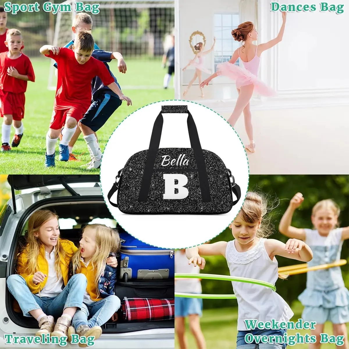 Personalized Initial Travel Duffel Bag for Women Men, Custom Name Workout Sports Tote Gym Bag Weekender Overnight Carry On Bag, Black Glitter