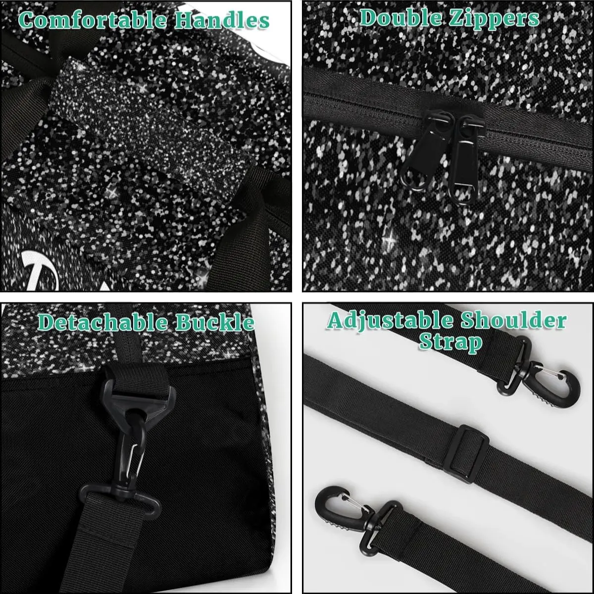 Personalized Initial Travel Duffel Bag for Women Men, Custom Name Workout Sports Tote Gym Bag Weekender Overnight Carry On Bag, Black Glitter