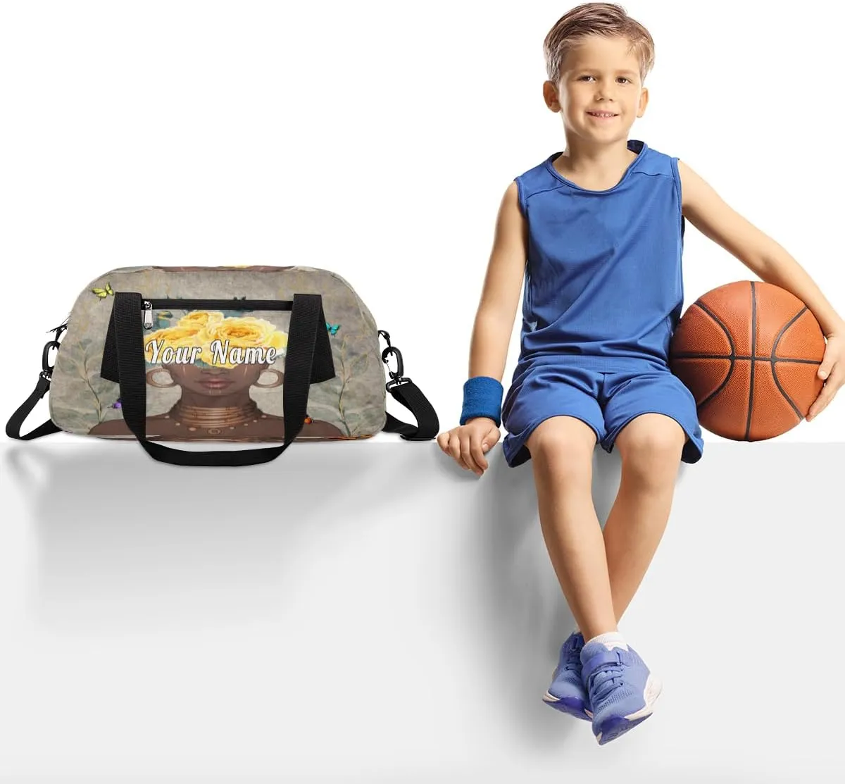 Personalized Kids Duffel Bag African Afro Woman Butterfly,Custom Sport Gym Bag for Boys Girls,WWeekender Overnight Bags Travel Duffel Bag,Customized Kids Gift