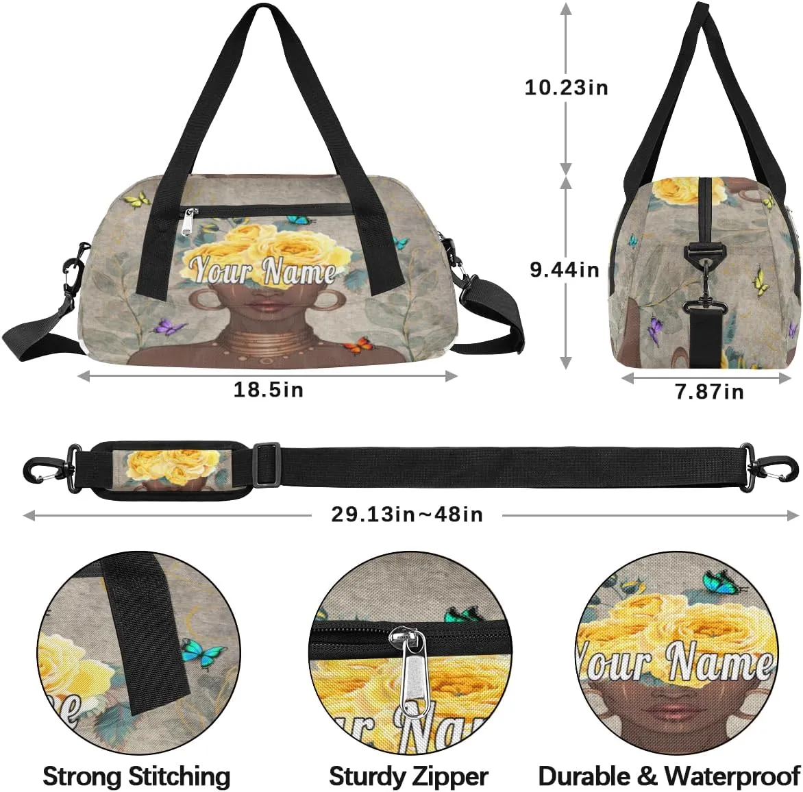 Personalized Kids Duffel Bag African Afro Woman Butterfly,Custom Sport Gym Bag for Boys Girls,WWeekender Overnight Bags Travel Duffel Bag,Customized Kids Gift