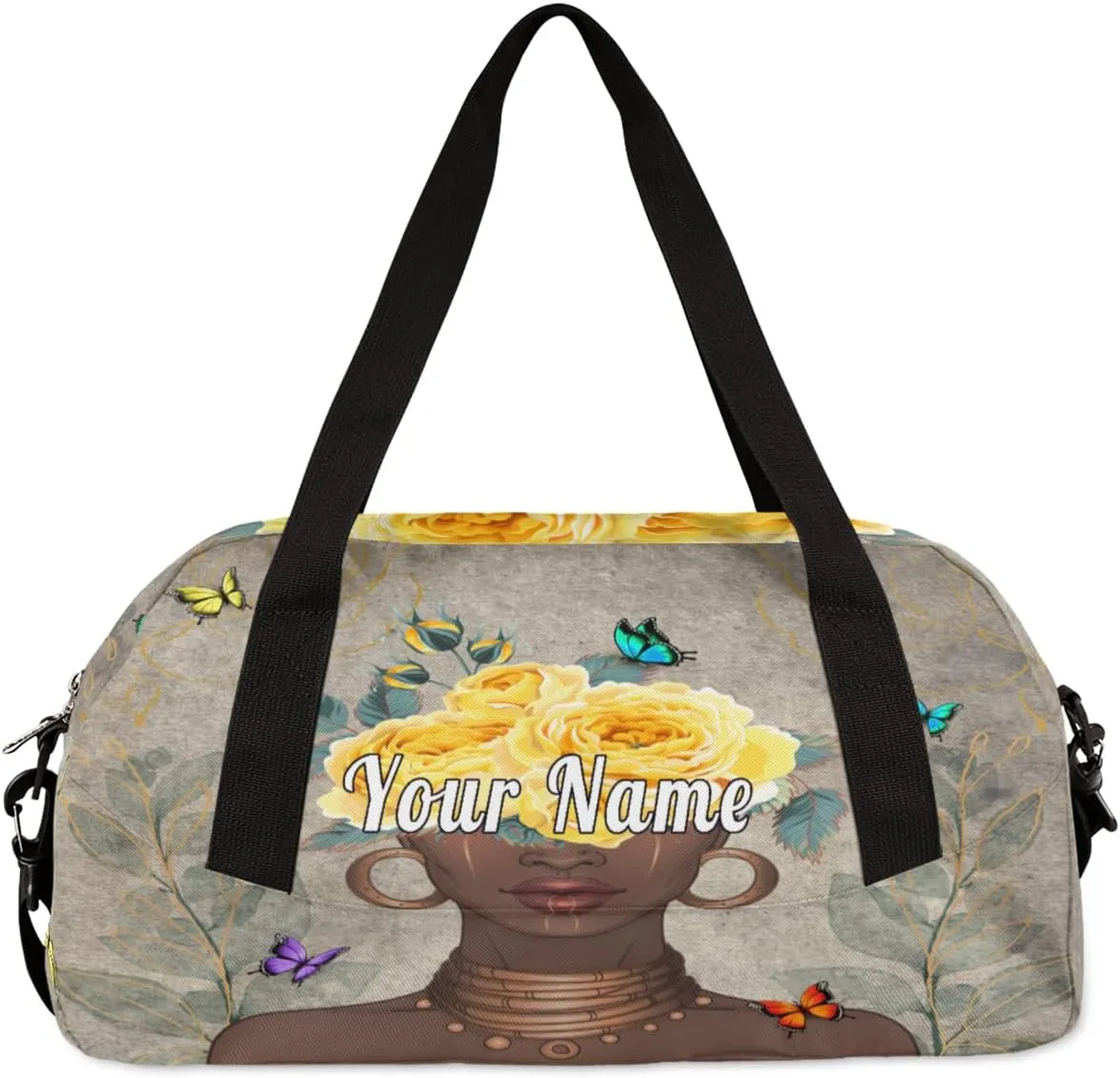 Personalized Kids Duffel Bag African Afro Woman Butterfly,Custom Sport Gym Bag for Boys Girls,WWeekender Overnight Bags Travel Duffel Bag,Customized Kids Gift