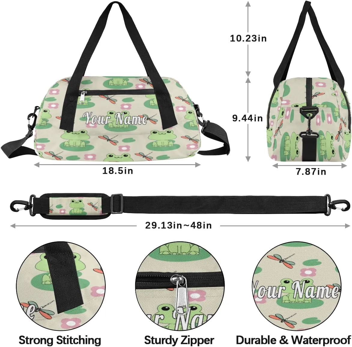 Personalized Kids Duffel Bag Animal Frog Dragonfly,Custom Sport Gym Bag for Boys Girls,WWeekender Overnight Bags Travel Duffel Bag,Customized Kids Gift