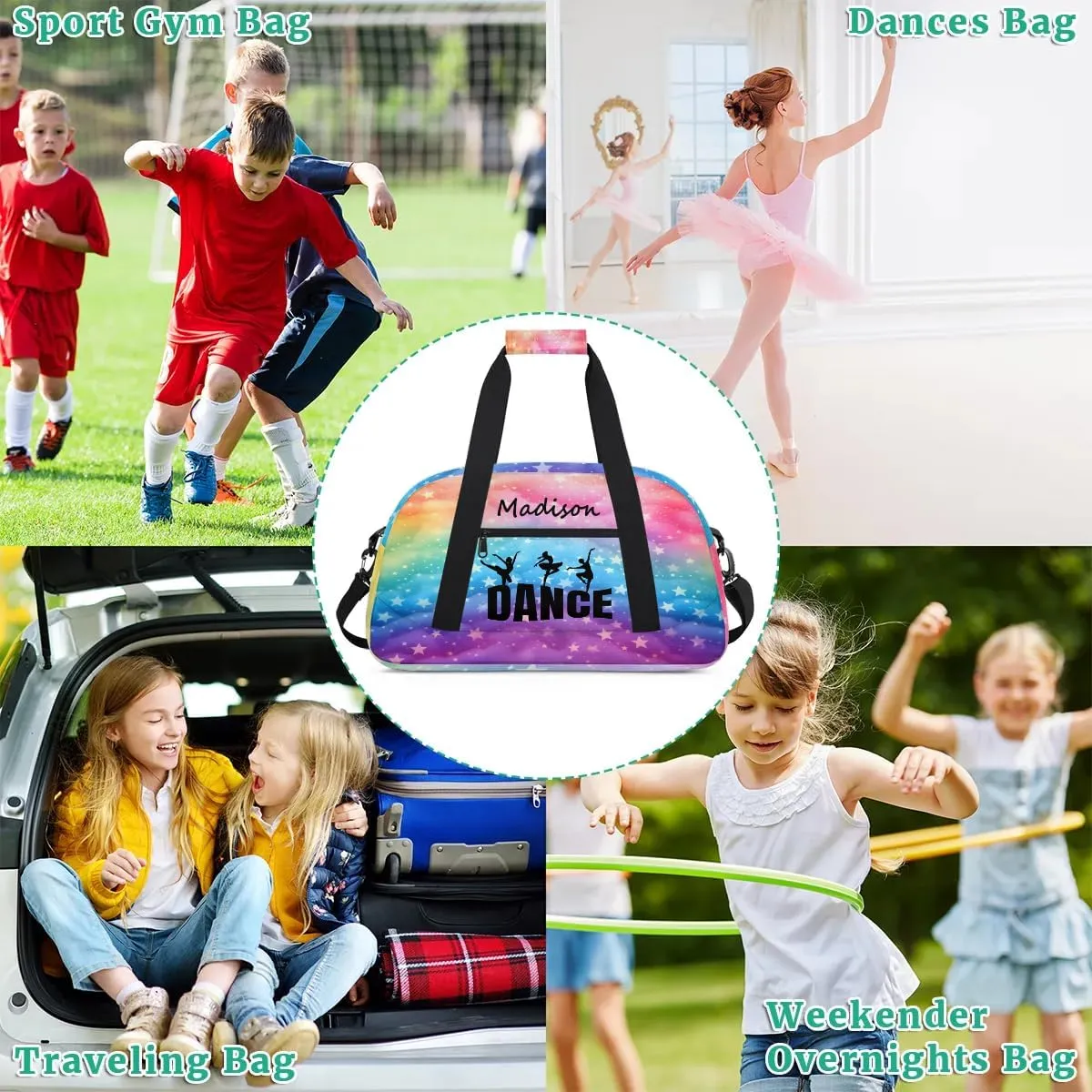 Personalized Kids Duffel Bag Ballet Dancer Dance,Custom Sport Gym Bag for Boys Girls,Weekender Overnight Bags Travel Duffel Bag,Customized Kids Gift Rainbow
