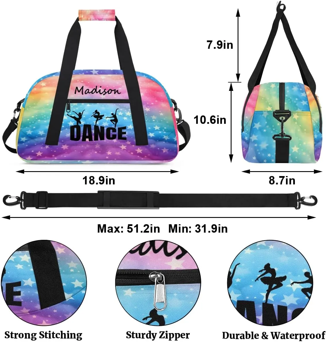 Personalized Kids Duffel Bag Ballet Dancer Dance,Custom Sport Gym Bag for Boys Girls,Weekender Overnight Bags Travel Duffel Bag,Customized Kids Gift Rainbow