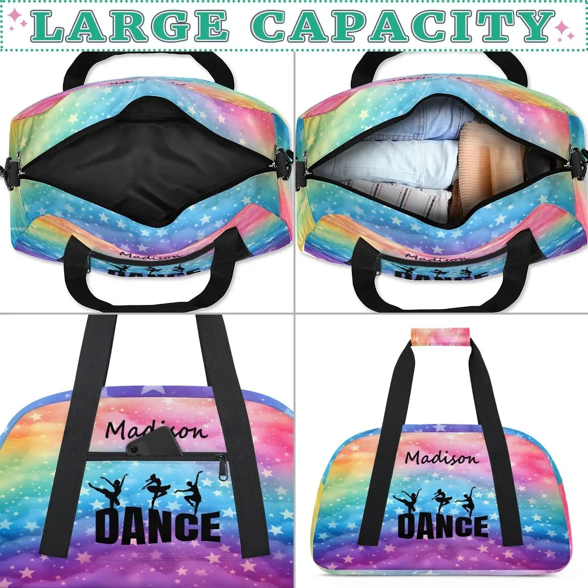 Personalized Kids Duffel Bag Ballet Dancer Dance,Custom Sport Gym Bag for Boys Girls,Weekender Overnight Bags Travel Duffel Bag,Customized Kids Gift Rainbow