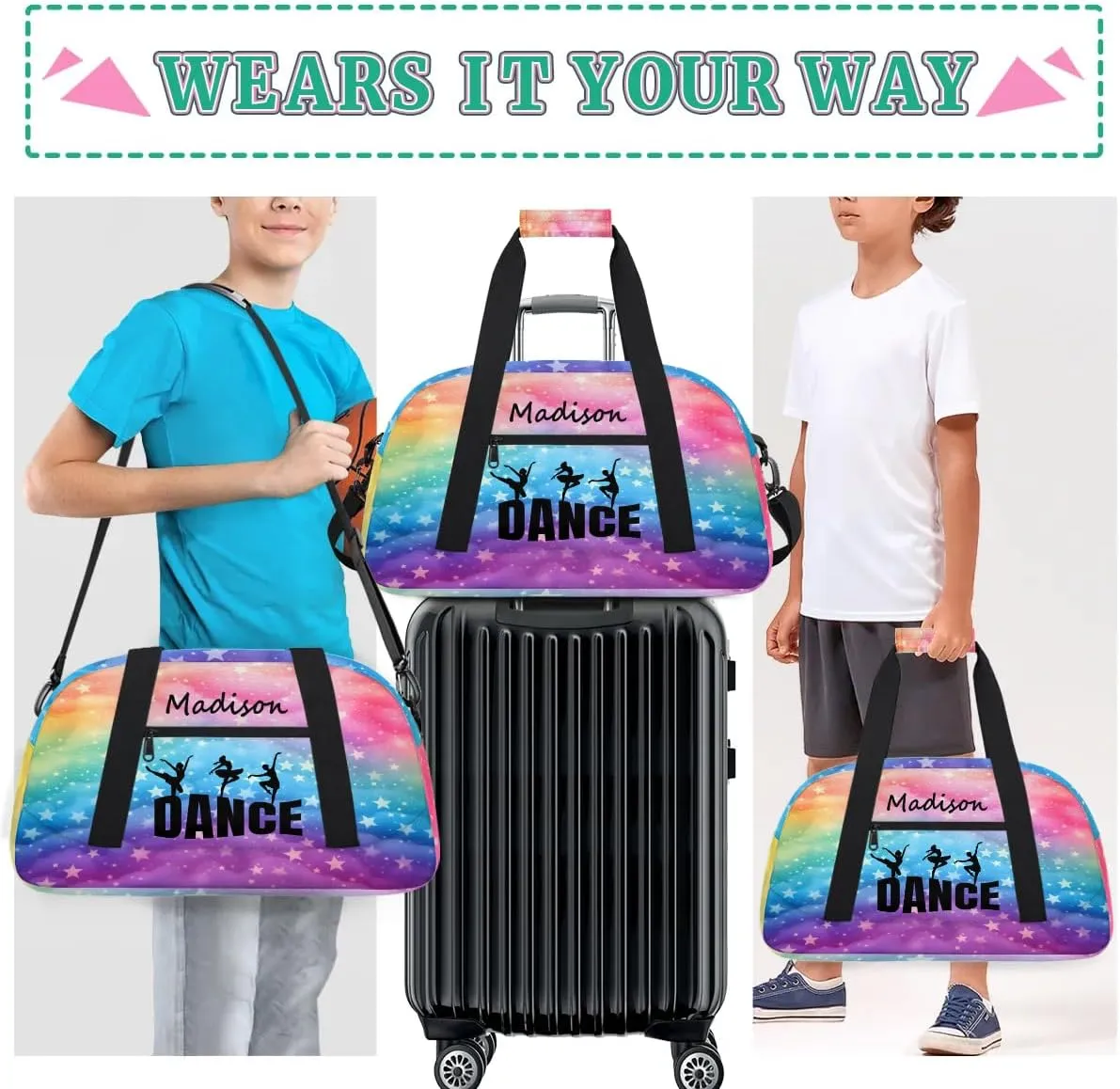 Personalized Kids Duffel Bag Ballet Dancer Dance,Custom Sport Gym Bag for Boys Girls,Weekender Overnight Bags Travel Duffel Bag,Customized Kids Gift Rainbow