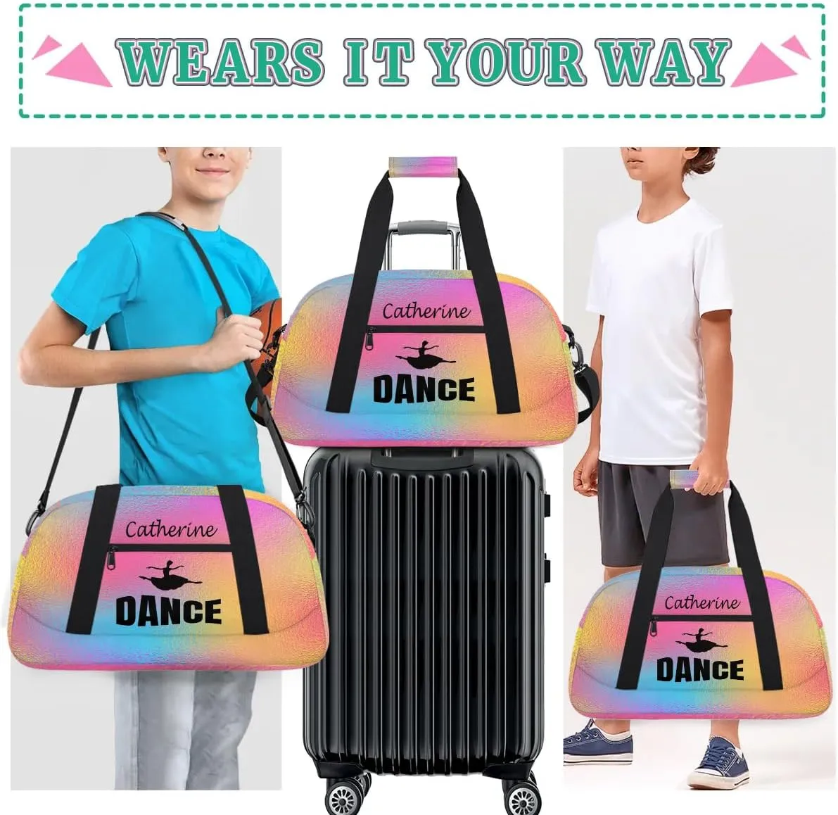 Personalized Kids Duffel Bag Dance Ballet,Custom Sport Gym Bag for Boys Girls,Weekender Overnight Bags Travel Duffel Bag,Customized Kids Gift Abstract Rainbow