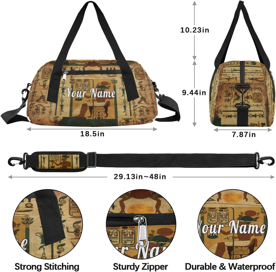 Personalized Kids Duffel Bag Egypt Pharaoh Papyrus Mural,Custom Sport Gym Bag for Boys Girls,WWeekender Overnight Bags Travel Duffel Bag,Customized Kids Gift