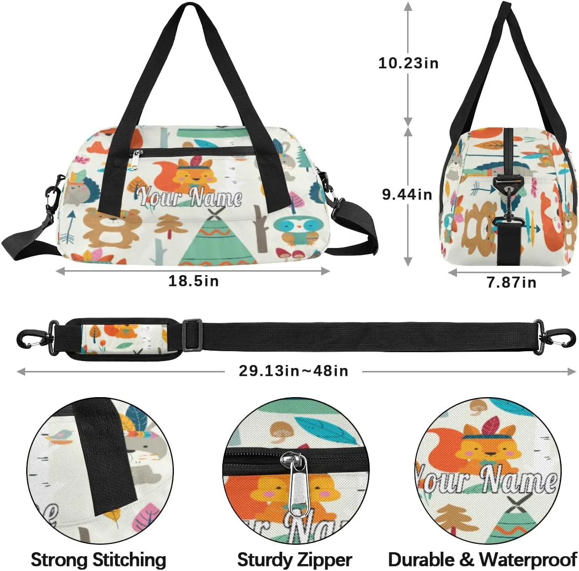 Personalized Kids Duffel Bag Ethnic Forest Animal Fox Bear,Custom Sport Gym Bag for Boys Girls,WWeekender Overnight Bags Travel Duffel Bag,Customized Kids Gift