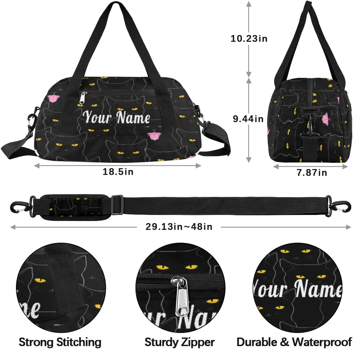 Personalized Kids Duffel Bag Funny Animal Black Cat,Custom Sport Gym Bag for Boys Girls,WWeekender Overnight Bags Travel Duffel Bag,Customized Kids Gift