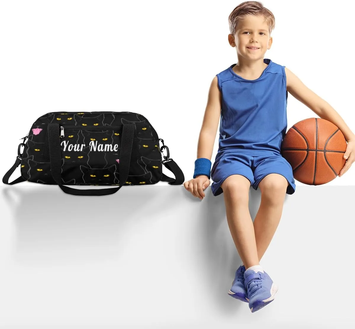 Personalized Kids Duffel Bag Funny Animal Black Cat,Custom Sport Gym Bag for Boys Girls,WWeekender Overnight Bags Travel Duffel Bag,Customized Kids Gift