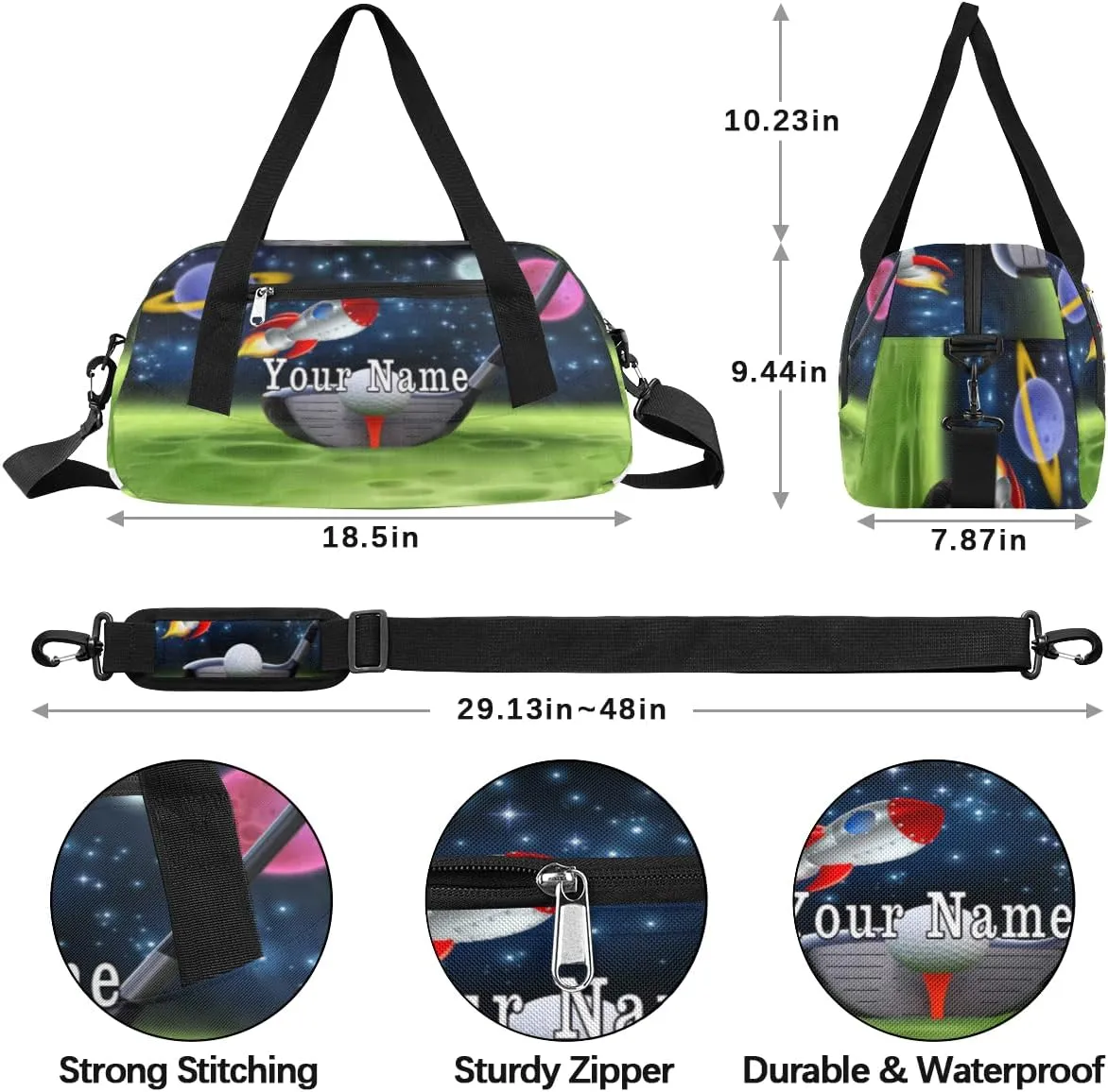 Personalized Kids Duffel Bag Galaxy Golf Ball Planet,Custom Sport Gym Bag for Boys Girls,WWeekender Overnight Bags Travel Duffel Bag,Customized Kids Gift