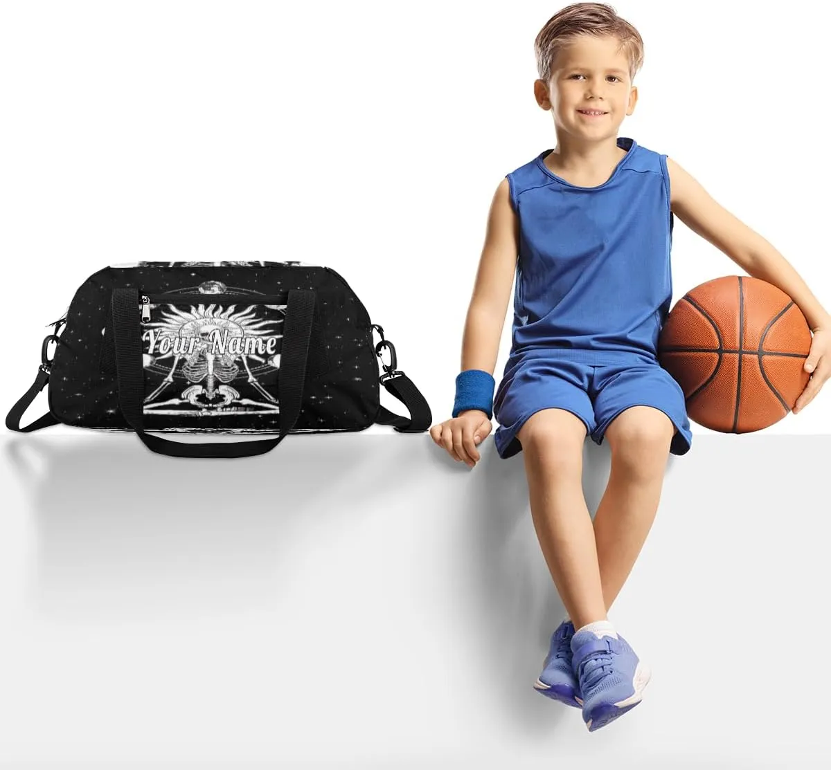 Personalized Kids Duffel Bag Galaxy Meditating Skeleton,Custom Sport Gym Bag for Boys Girls,WWeekender Overnight Bags Travel Duffel Bag,Customized Kids Gift
