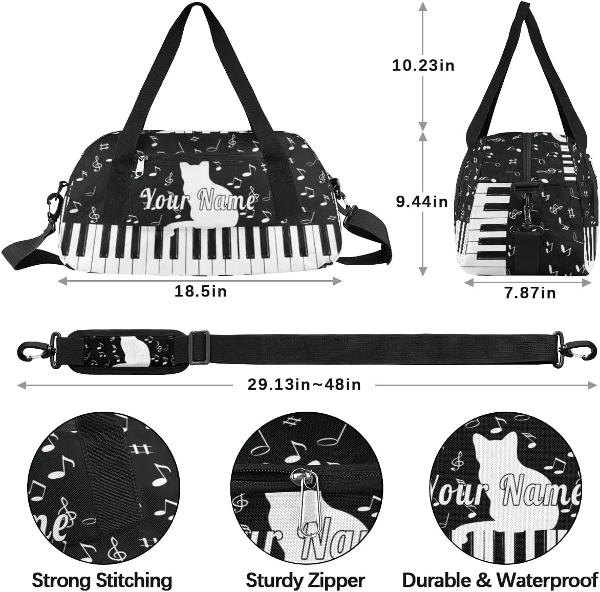 Personalized Kids Duffel Bag Music Note Cat Piano,Custom Sport Gym Bag for Boys Girls,WWeekender Overnight Bags Travel Duffel Bag,Customized Kids Gift