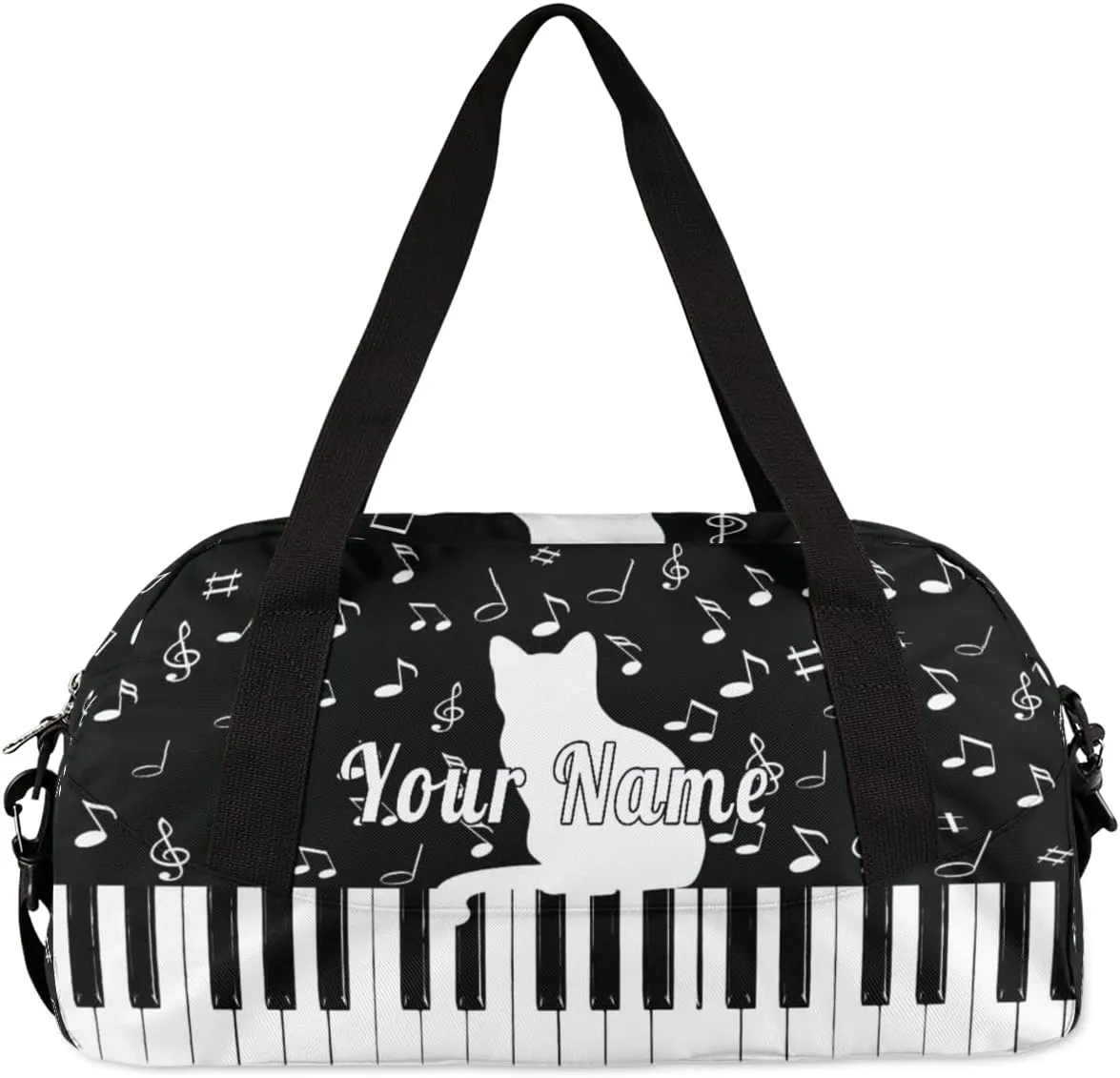 Personalized Kids Duffel Bag Music Note Cat Piano,Custom Sport Gym Bag for Boys Girls,WWeekender Overnight Bags Travel Duffel Bag,Customized Kids Gift