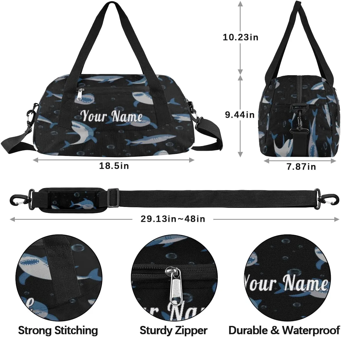 Personalized Kids Duffel Bag Ocean Sea Shark Pattern,Custom Sport Gym Bag for Boys Girls,WWeekender Overnight Bags Travel Duffel Bag,Customized Kids Gift