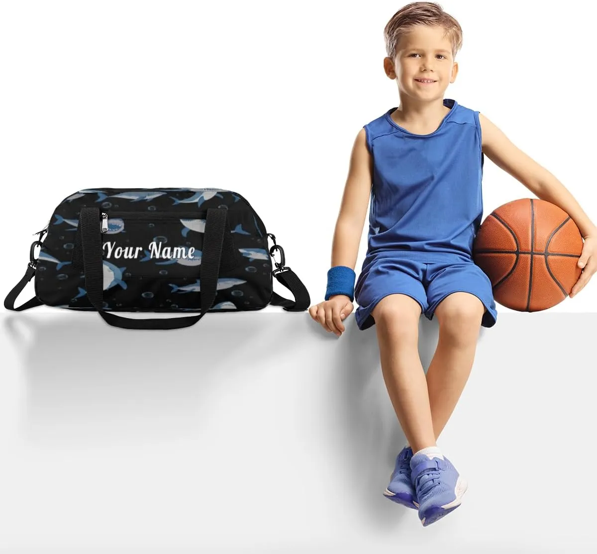 Personalized Kids Duffel Bag Ocean Sea Shark Pattern,Custom Sport Gym Bag for Boys Girls,WWeekender Overnight Bags Travel Duffel Bag,Customized Kids Gift