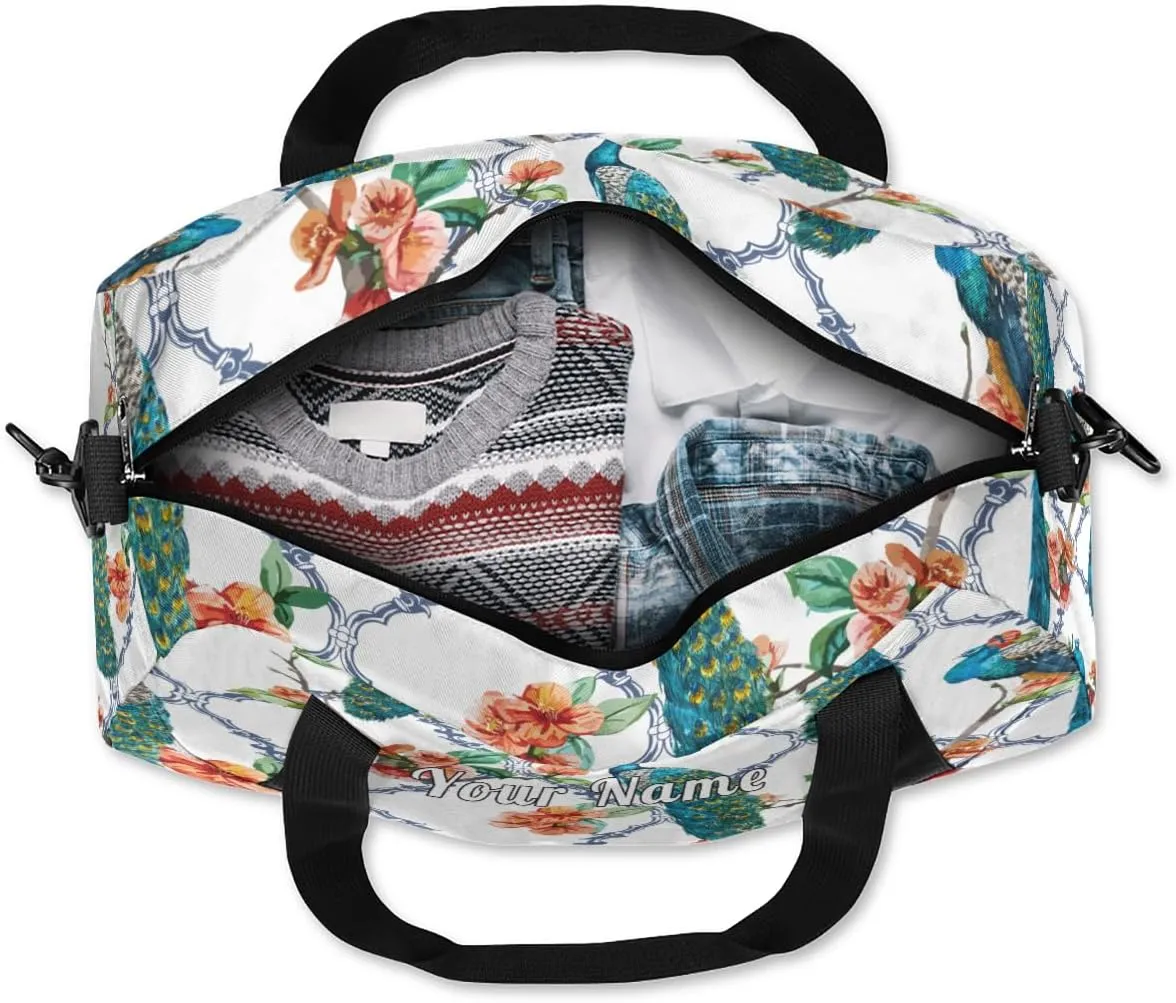 Personalized Kids Duffel Bag Peacock Flower,Custom Sport Gym Bag for Boys Girls,WWeekender Overnight Bags Travel Duffel Bag,Customized Kids Gift
