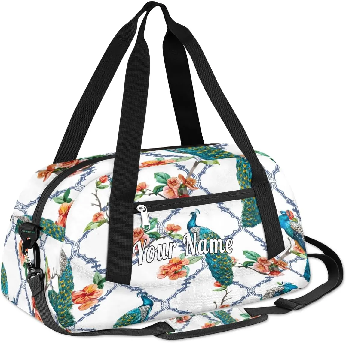 Personalized Kids Duffel Bag Peacock Flower,Custom Sport Gym Bag for Boys Girls,WWeekender Overnight Bags Travel Duffel Bag,Customized Kids Gift