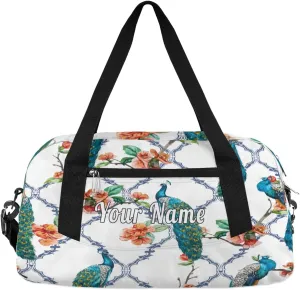 Personalized Kids Duffel Bag Peacock Flower,Custom Sport Gym Bag for Boys Girls,WWeekender Overnight Bags Travel Duffel Bag,Customized Kids Gift