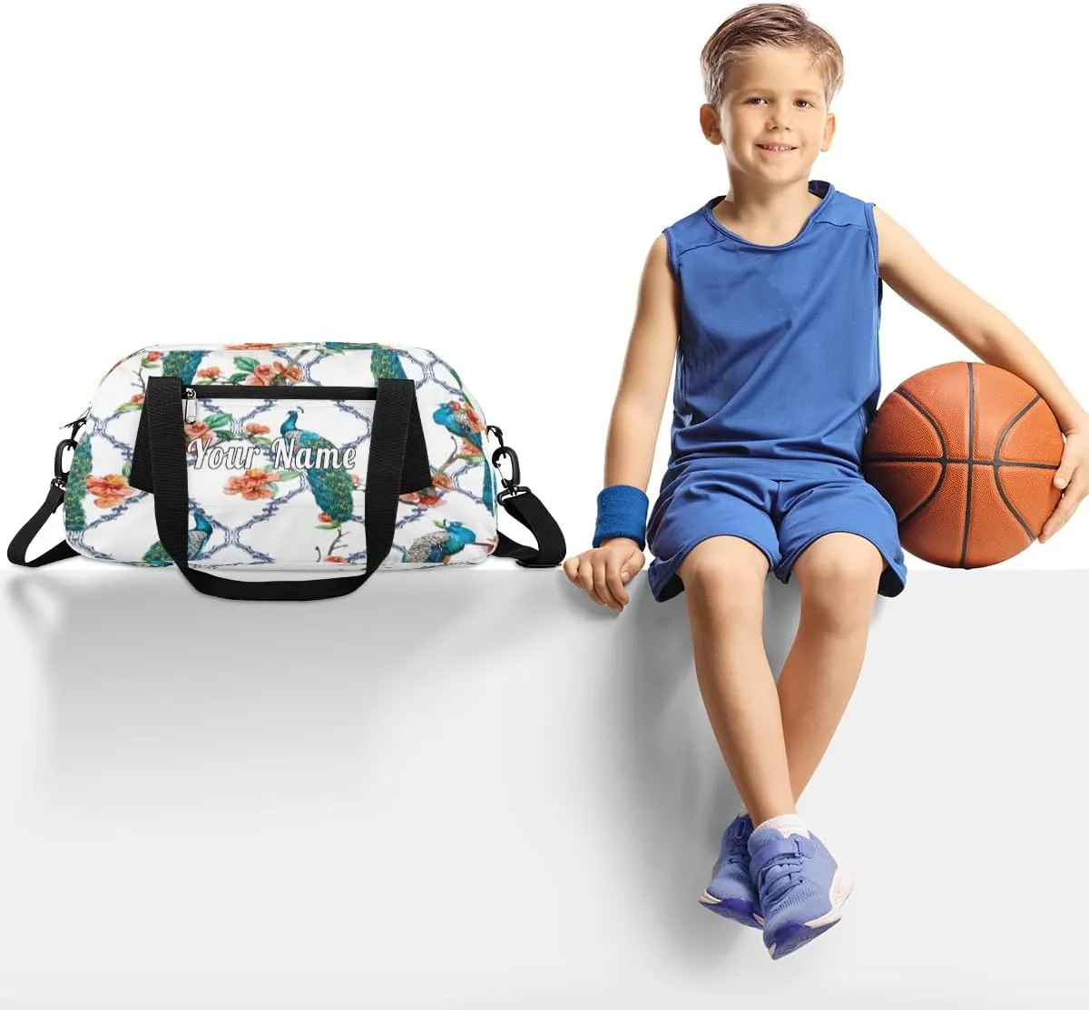 Personalized Kids Duffel Bag Peacock Flower,Custom Sport Gym Bag for Boys Girls,WWeekender Overnight Bags Travel Duffel Bag,Customized Kids Gift