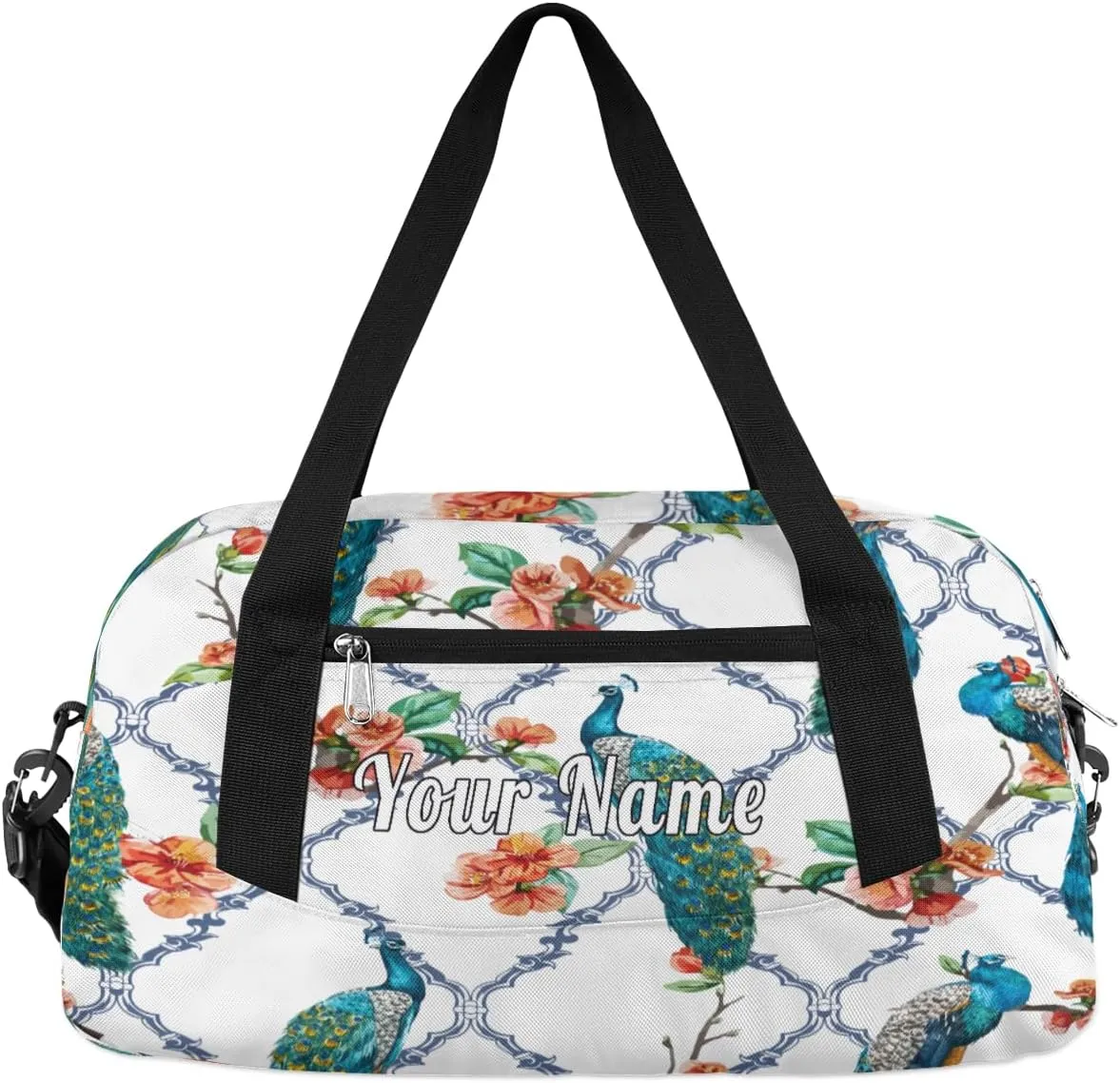 Personalized Kids Duffel Bag Peacock Flower,Custom Sport Gym Bag for Boys Girls,WWeekender Overnight Bags Travel Duffel Bag,Customized Kids Gift