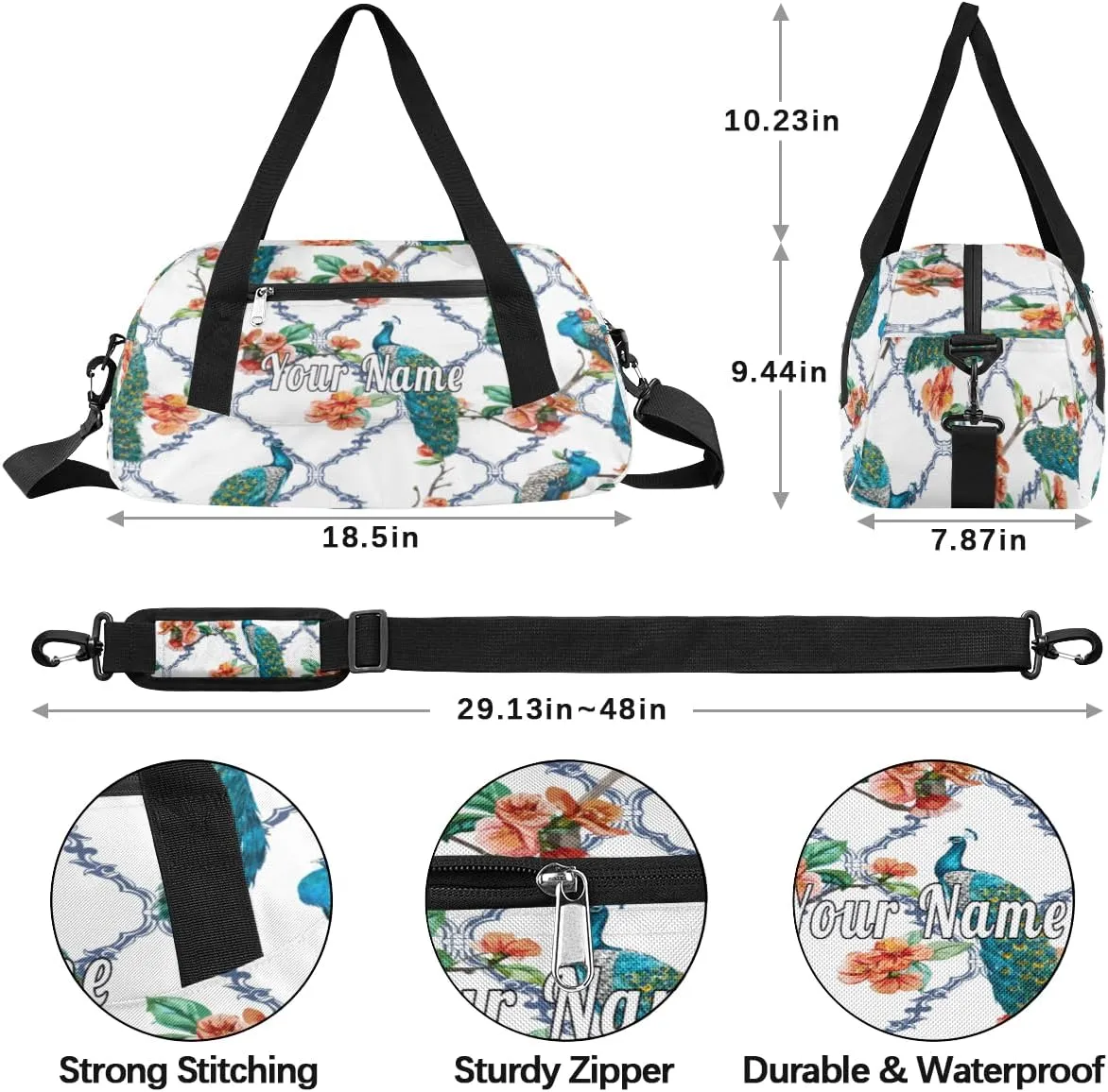 Personalized Kids Duffel Bag Peacock Flower,Custom Sport Gym Bag for Boys Girls,WWeekender Overnight Bags Travel Duffel Bag,Customized Kids Gift