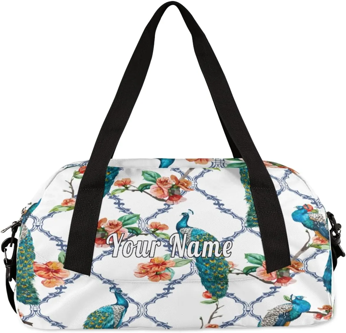 Personalized Kids Duffel Bag Peacock Flower,Custom Sport Gym Bag for Boys Girls,WWeekender Overnight Bags Travel Duffel Bag,Customized Kids Gift
