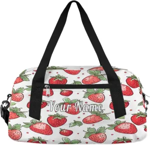 Personalized Kids Duffel Bag Pink Strawberry Pattern,Custom Sport Gym Bag for Boys Girls,WWeekender Overnight Bags Travel Duffel Bag,Customized Kids Gift