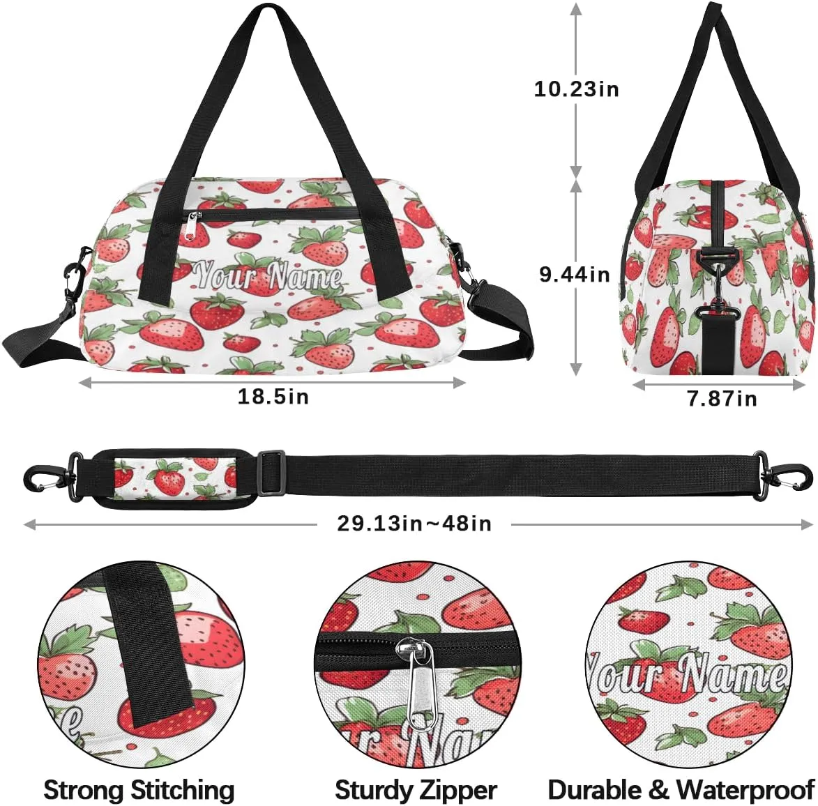 Personalized Kids Duffel Bag Pink Strawberry Pattern,Custom Sport Gym Bag for Boys Girls,WWeekender Overnight Bags Travel Duffel Bag,Customized Kids Gift
