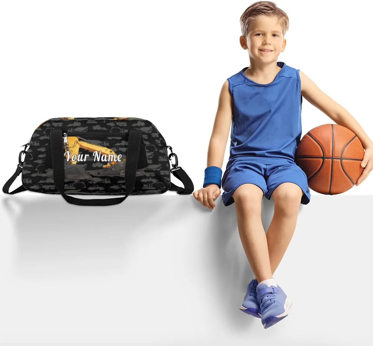 Personalized Kids Duffel Bag Truck Excavator,Custom Sport Gym Bag for Boys Girls,WWeekender Overnight Bags Travel Duffel Bag,Customized Kids Gift
