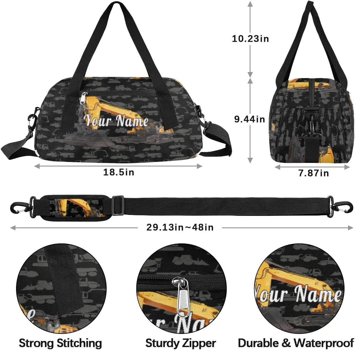 Personalized Kids Duffel Bag Truck Excavator,Custom Sport Gym Bag for Boys Girls,WWeekender Overnight Bags Travel Duffel Bag,Customized Kids Gift