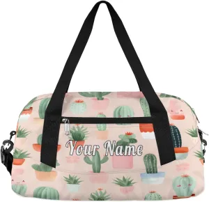 Personalized Kids Duffel Bag Watercolor Cactus Flower Pattern,Custom Sport Gym Bag for Boys Girls,WWeekender Overnight Bags Travel Duffel Bag,Customized Kids Gift