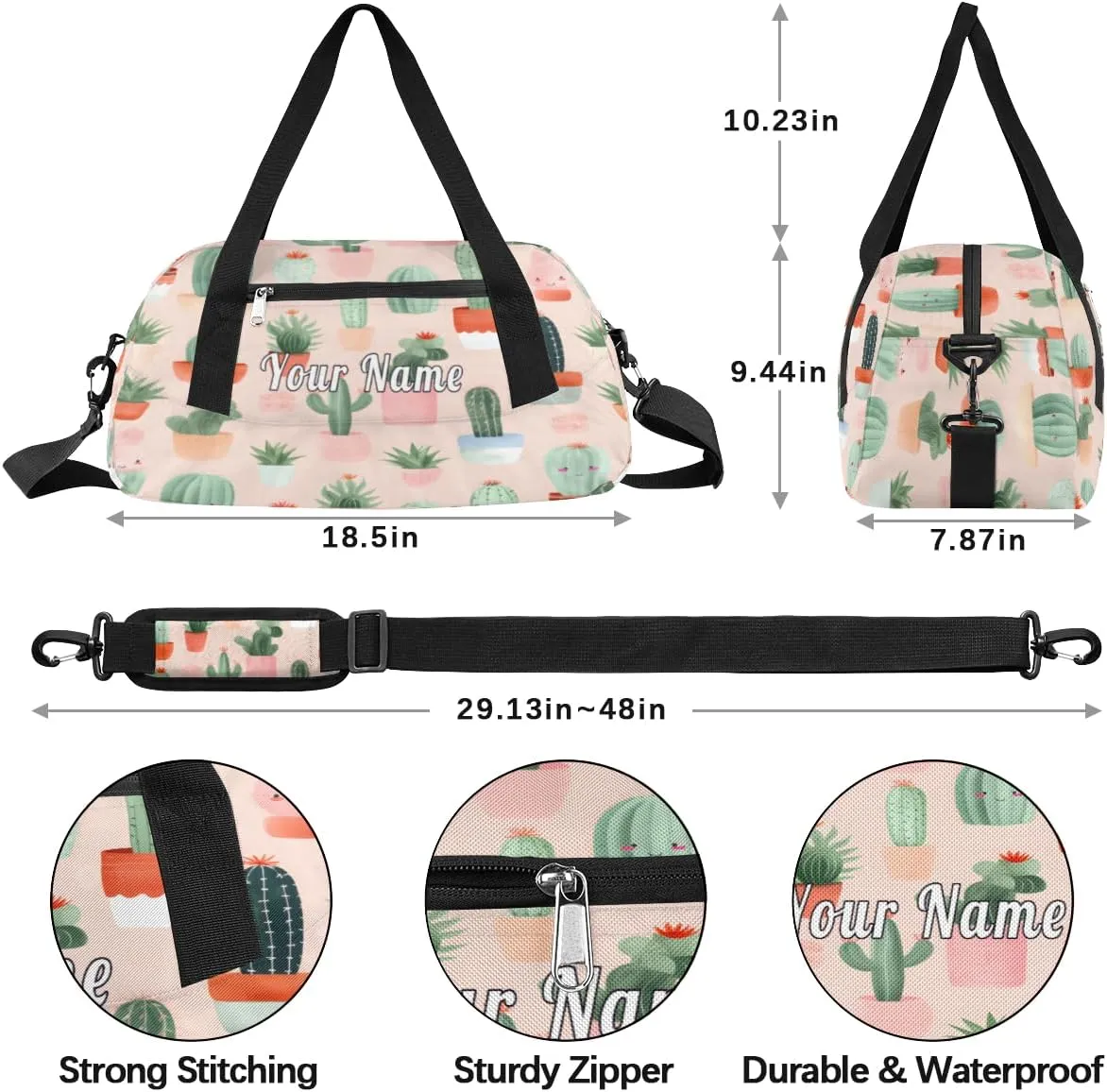 Personalized Kids Duffel Bag Watercolor Cactus Flower Pattern,Custom Sport Gym Bag for Boys Girls,WWeekender Overnight Bags Travel Duffel Bag,Customized Kids Gift