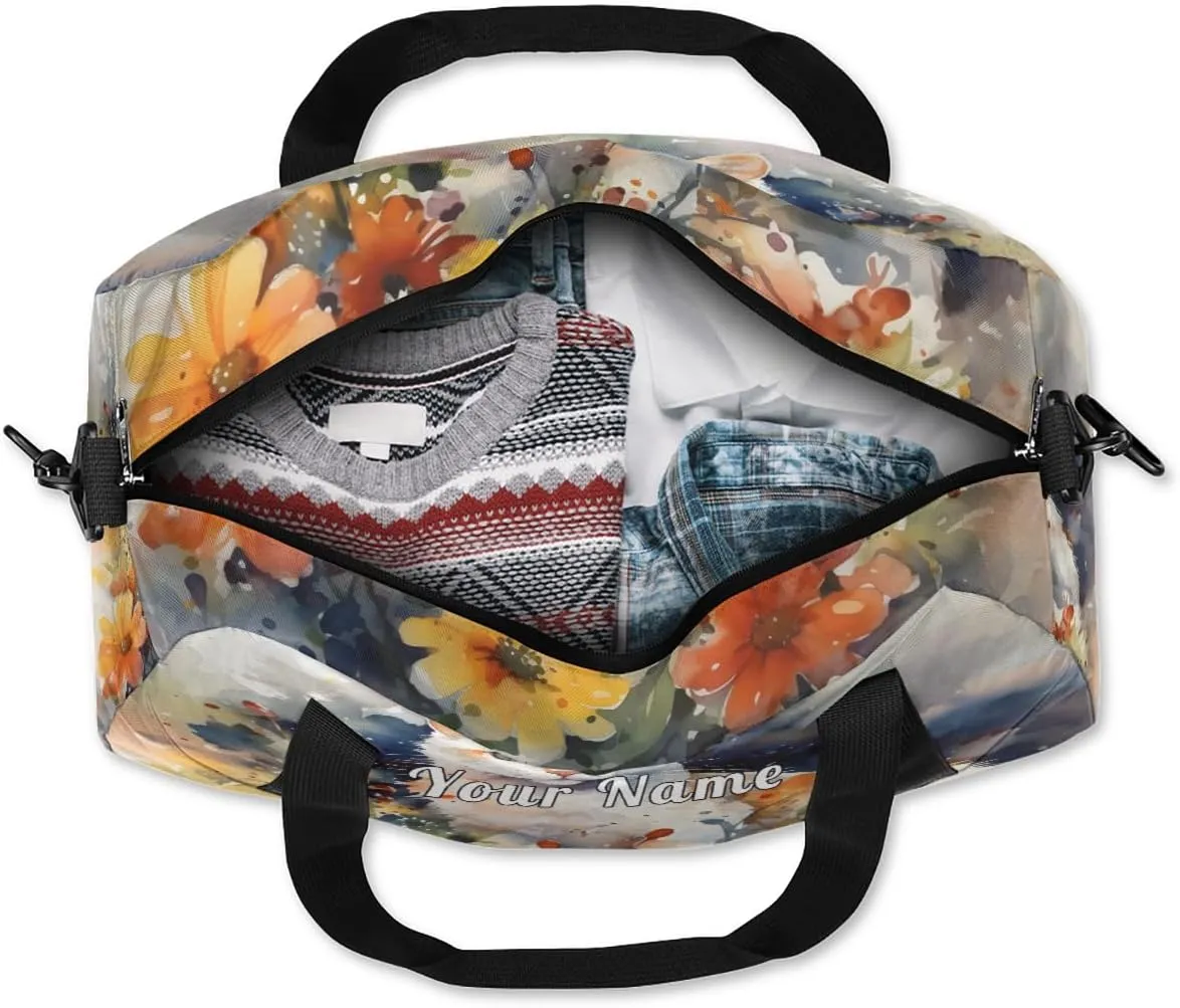 Personalized Kids Duffel Bag Watercolor Flower Cat,Custom Sport Gym Bag for Boys Girls,WWeekender Overnight Bags Travel Duffel Bag,Customized Kids Gift